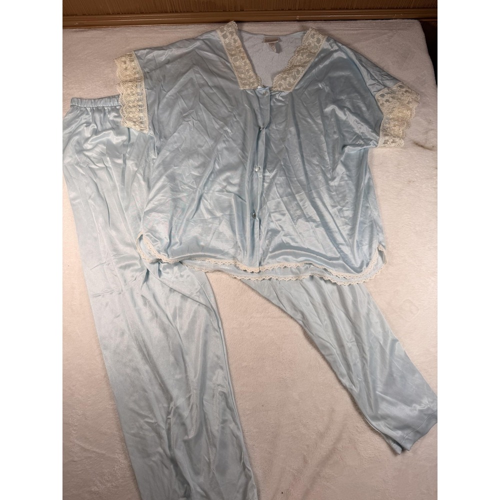 Vintage Adonna Pajama Set Womens Large Blue Nylon Satin Lace Short Sleeve USA